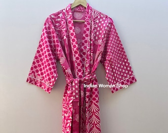 Pink Patch Print Kimono Robe, Cotton Bathrobe, Patchwork Kimono, Beach Cover Up, Resort Wear, Lounge Wear, Birthday Gift For Wife