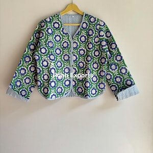 Blue and Green Floral Block Print Quilted Jacket Short Kimono Womens Wear Cotton Coat Flower Printed Fabric Blazer