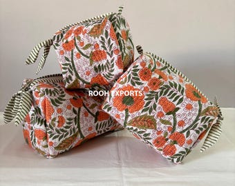 Floral Block Printed Quilted cosmetic pouch set | Cosmetic and Toiletry Storage | Bath & Beauty | Wash Bag | Waterproof Bag
