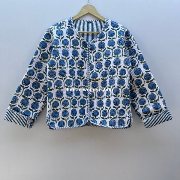 Blue Floral Block Print Quilted Jacket Short Kimono Kantha Short Jacket For Women, Ship From India