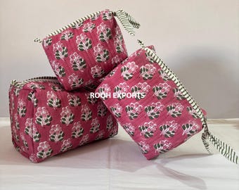 Floral Block Printed Quilted cosmetic pouch set | Cosmetic and Toiletry Storage | Bath & Beauty | Kits Travel Cases | Waterproof Bag