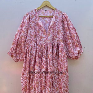 Floral Block Print Cotton Summer Dress Boho Sundress Midi Dress Mini Dress Summer Party Dress Deep Neck With String Closer