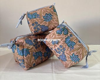 Floral Block Printed Quilted cosmetic pouch set | Cosmetic and Toiletry Storage | Bath & Beauty | Kits Travel Cases | Waterproof Bag