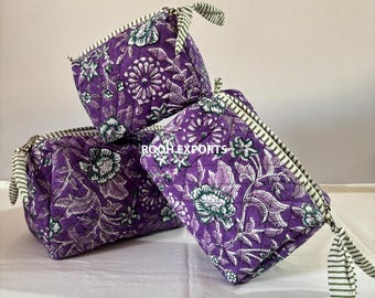 Violet Floral Block Printed Quilted cosmetic pouch set | Cosmetic and Toiletry Storage | Bath & Beauty | Kits Travel Cases | Waterproof Bag