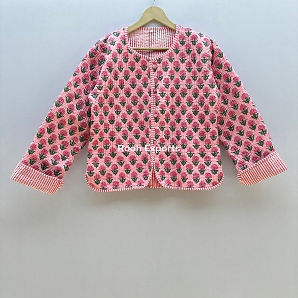 Pink Floral Block Print Quilted Jacket Short Kimono Kantha Kimono For Women Coat New Style Floral Blazer