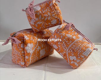 Floral Block Printed Quilted cosmetic pouch set | Cosmetic and Toiletry Storage | Bath & Beauty | Makeup Bag | Waterproof Bag