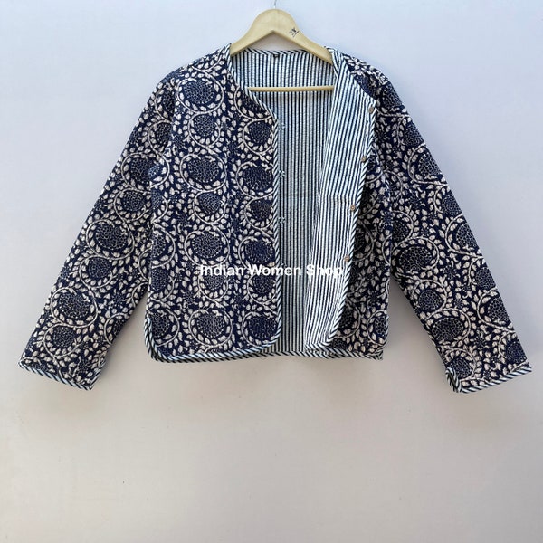 Veste indigo à imprimé bloc Veste courte kimono bleue matelassée pour femme manteau Blazer floral nouveau style