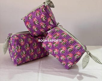 Floral Block Printed Quilted cosmetic pouch set | Cosmetic and Toiletry Storage | Bath & Beauty | Kits Travel Cases | Waterproof Bag