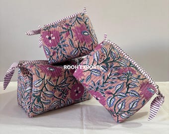 Floral Block Printed Quilted cosmetic pouch set | Cosmetic and Toiletry Storage | Bath & Beauty | Kits Travel Cases | Waterproof Bag