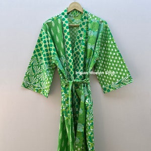 Green Patch Print Kimono Robe, Bridesmaid Kimono, Lounge Kimono, Resort Wear Robe, Patchwork Kimono, Bikini Cover Up