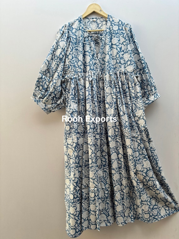 Floral Block Print Midi Dress, Mini Dress, Soft Cotton Summer Dress, Lightweight Dress, Deep Neck With String Closer