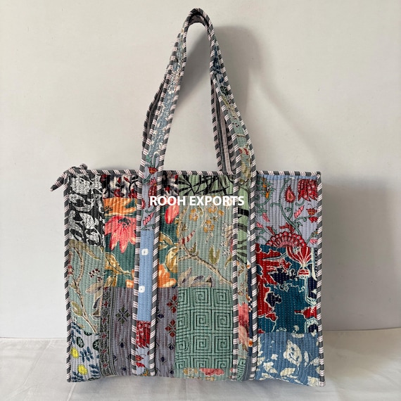 Patchwork Grey Tone Quilted Tote Bag With Zipper | Cotton Quilted Shopping Bag | Travel and Shoulder Tote Bags | Beach Bag | Boho Bag
