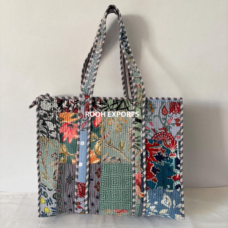 Large Bags, Totes, quilted tote bag, block print cotton bag, handmade shoulder bag, Eco-Friendly Tote, boho cotton bag, everyday carryall tote, artisan quilted handbag, reusable shopping tote, bohemian tote purse, cotton quilted shoulder bag, handmade gift for her, work and travel tote, block printed quilt bag, vintage bag, jhola bag