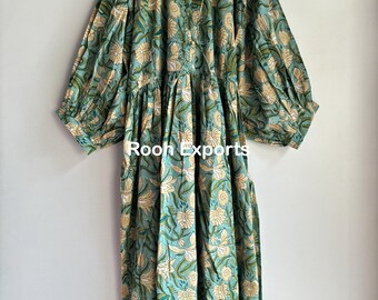 グリーンフローラルハンドブロックプリントミディドレス | ボヘミアン