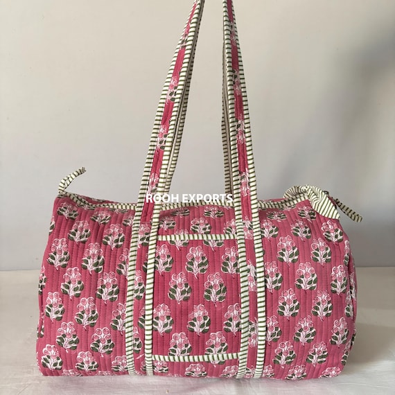 Pink Floral Block Printed Quilted Duffle Bag | Shopping Bag | Travel and Shoulder Tote Bags | Beach Bag | Boho Bag For Women | Overnight Bag