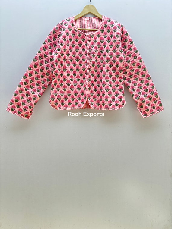 Pink Floral Block Print Quilted Jacket Short Kimono Kantha Kimono