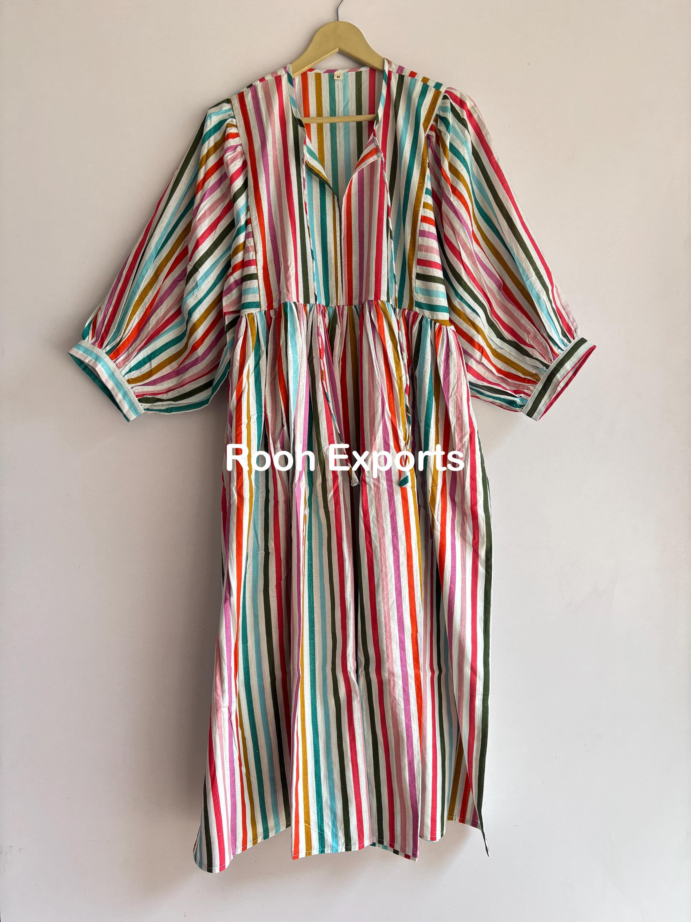 Striped Hand Block Print Kyra Midi Dress | Bohemian Cotton Dress | Dresses for Women | String Closer Dress