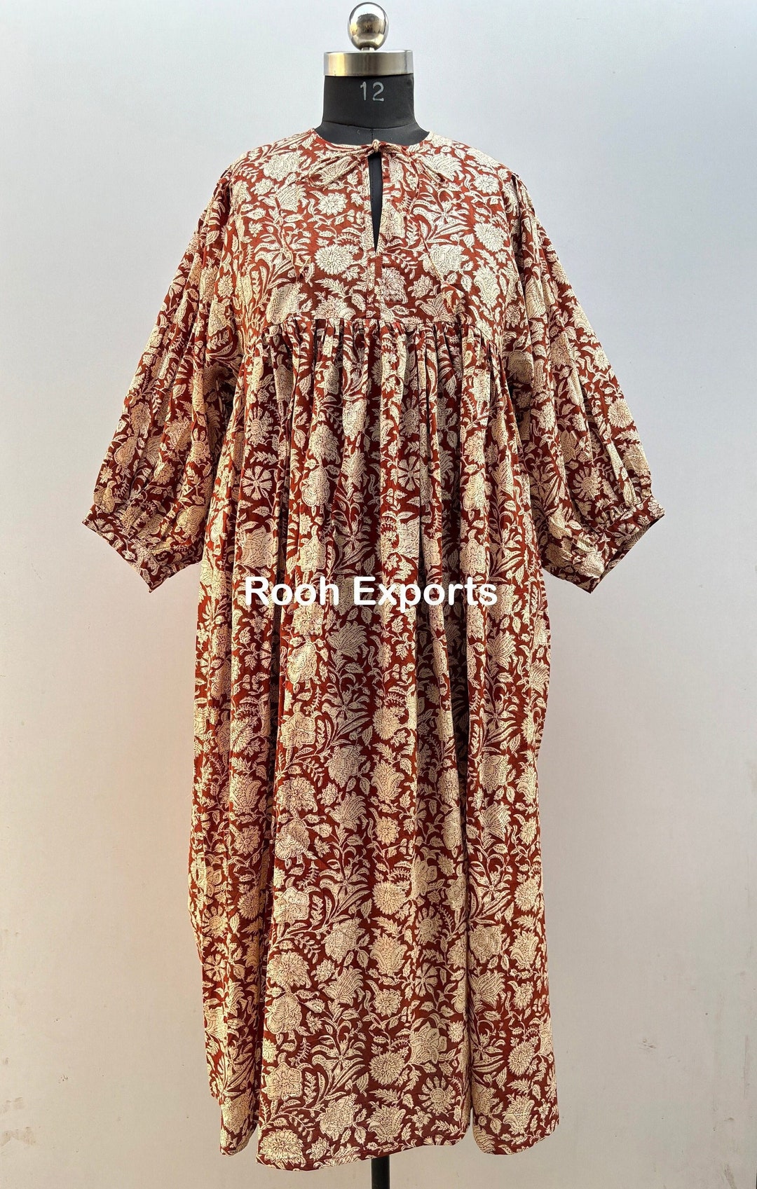 Brown Floral Block Print Kyra Midi Dress, Mini Dress, Soft Cotton Summer Dress, Spring Dress, Sundress, Deep Neck With String Closer