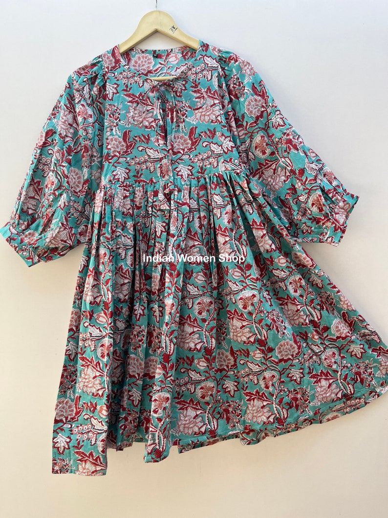 Hand Block Print Soft Cotton Summer Dress, Midi Dress, Mini Dress, sundress, Deep Neck With String Closer, Ship From India zdjęcie 10