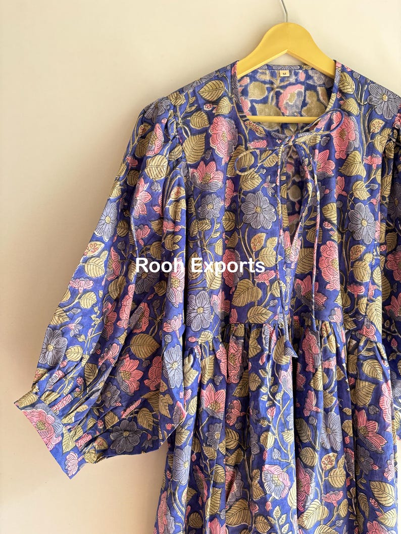 Blue and Pink Floral Hand Block Print Kyra Midi Dress, Mini Dress, Soft