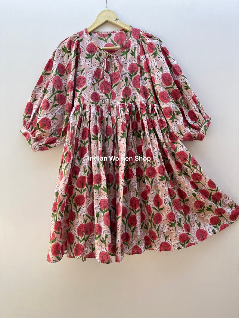 Hand Block Print Soft Cotton Summer Dress, Midi Dress, Mini Dress, sundress, Deep Neck With String Closer, Ship From India zdjęcie 5