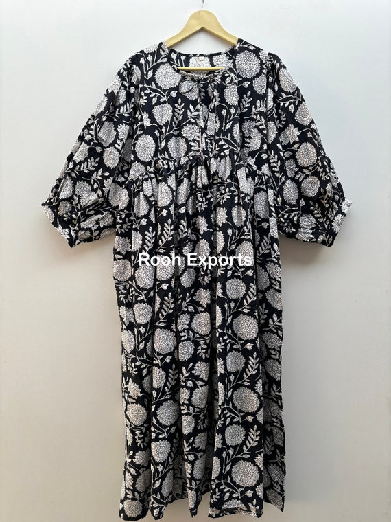 Black Floral Block Print Kyra Midi Dress Mini Dress Cotton Summer Dress for Women Deep Neck With String Closer