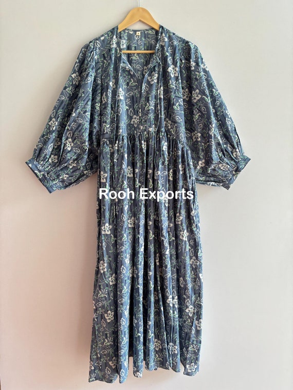 Grey Floral Block Print Soft Cotton Midi Dress, Dresses for Women, Bohemian Dress, String Closer Dress