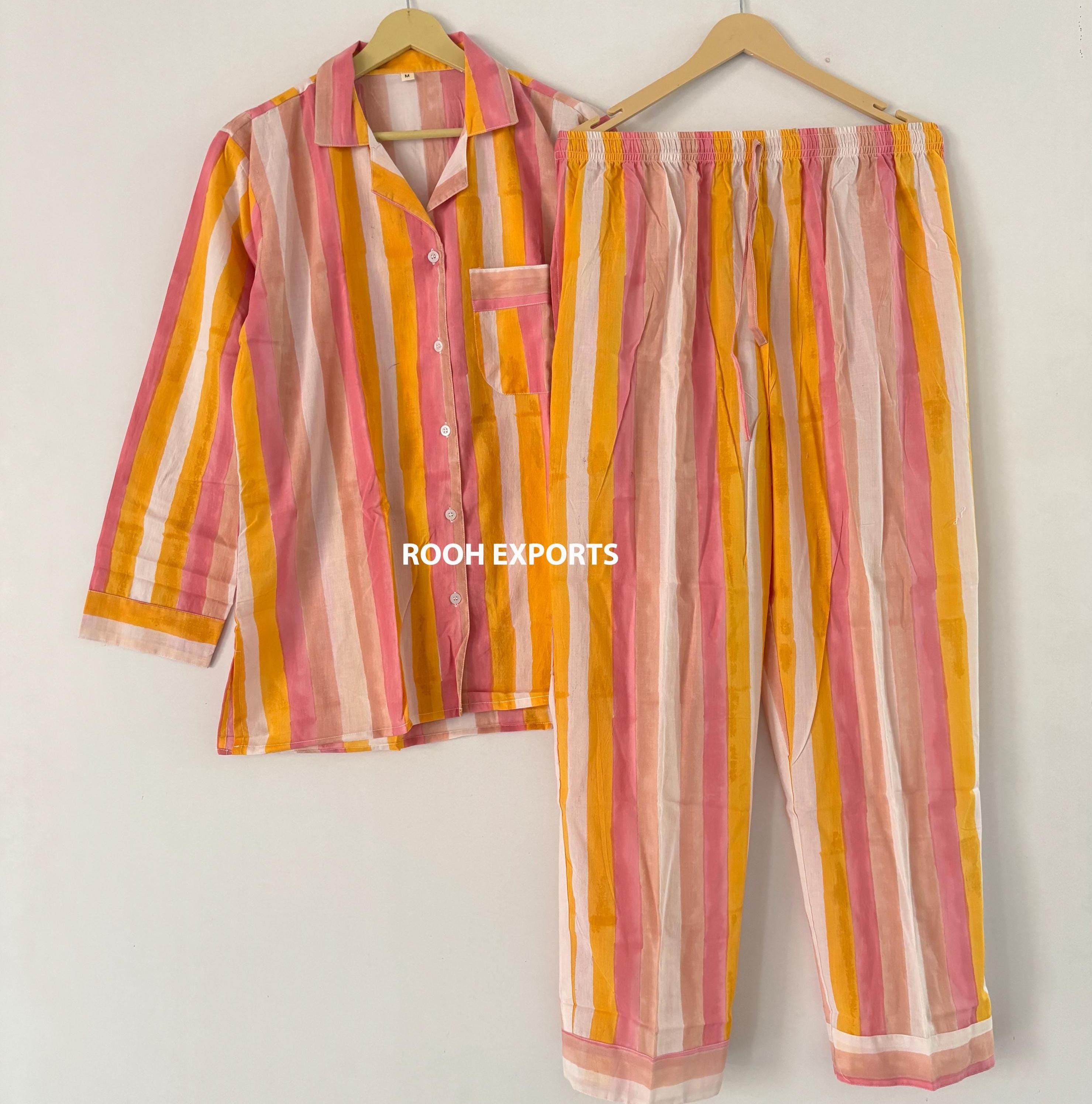 Striped Block Print Cotton Pajama Set Pj Set Adult Night Suit Nightwear Sleepwear Bridesmaid PJ Set Pajamas