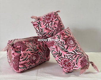 Floral Block Printed Quilted cosmetic pouch set | Cosmetic and Toiletry Storage | Bath & Beauty | Kits Travel Cases | Waterproof Bag