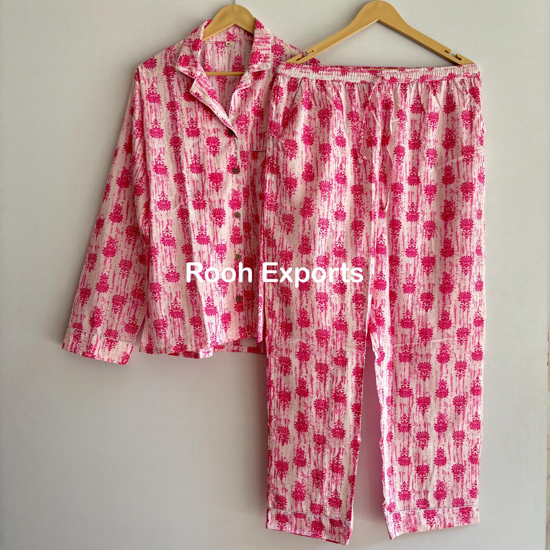 Pink Floral Block Print Cotton Pajama Set, Pj Set, Adult Night Suit ...