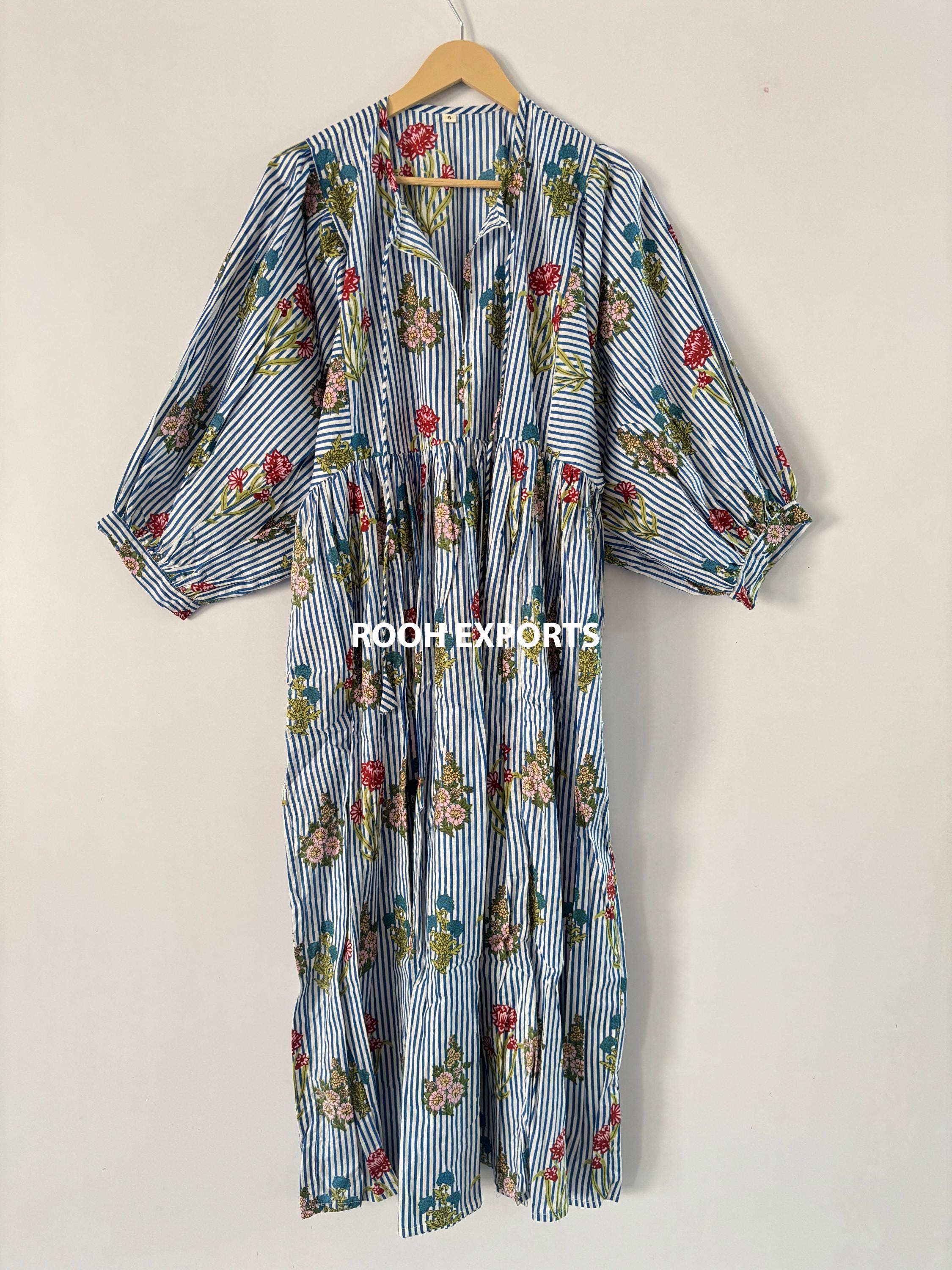 Blue Floral Striped Hand Block Print Kyra Midi Dress | Bohemian Cotton Dress | Dresses for Women | String Closure Dress