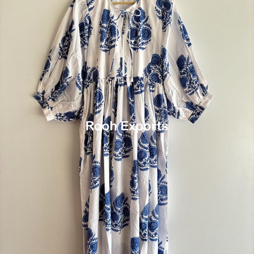 Blue Long Floral Hand Block Print Soft Cotton Midi Dress | Bohemian Dress | Dresses for Women | String Closer Dress
