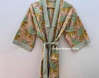 Tiger Print Cotton Kimono Robe, Beach Cover Up, Bikini Cover Up, Vacation Look, Holiday Look, Unisex Kimono