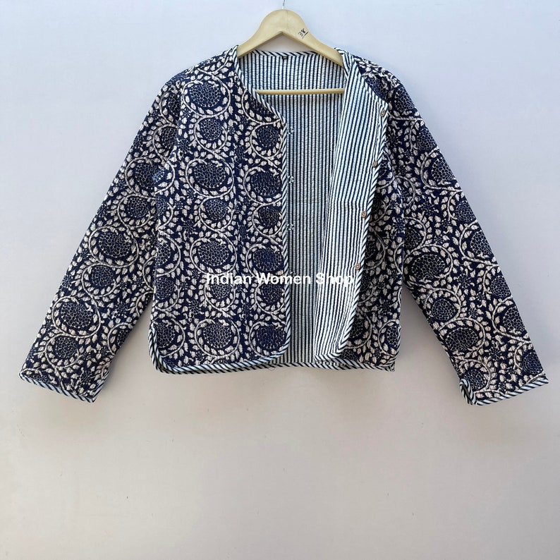 quilted jacket, veste matelassée femme, quilted kimono jacket,block print jacket, blauwe indianse gewatteerd jasje, japanese kantha jacket quilted