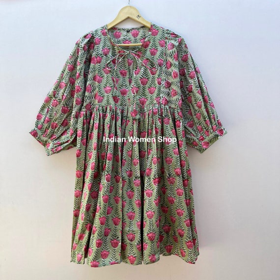 Floral Hand Block Print Cotton Summer Dress For Women, Midi Dress, Mini Dress, Sundress, Maxi Dress, Deep V neck With String Closer