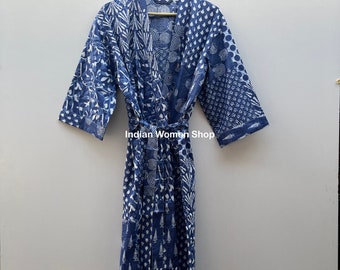 Indigo Patch Print Soft Cotton Kimono, Bathrobe, Beach Cover Up, Resort Wear