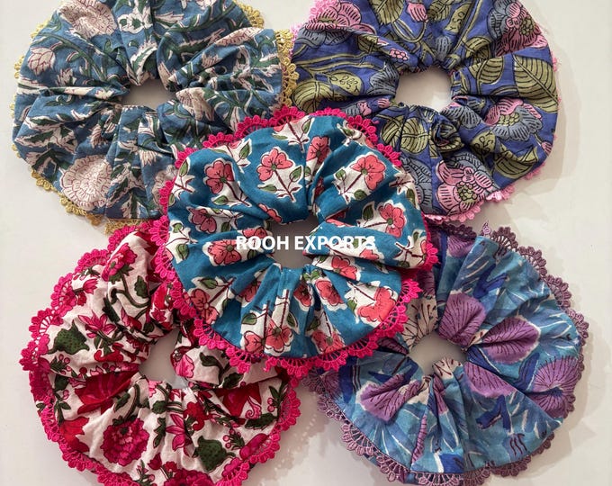 Floral Block Print Boho Scrunchies With border | Scrunchie Hair Tie | Cotton Hairband | Hippie Pattern Scrunchies | Healthy hair | Teacher