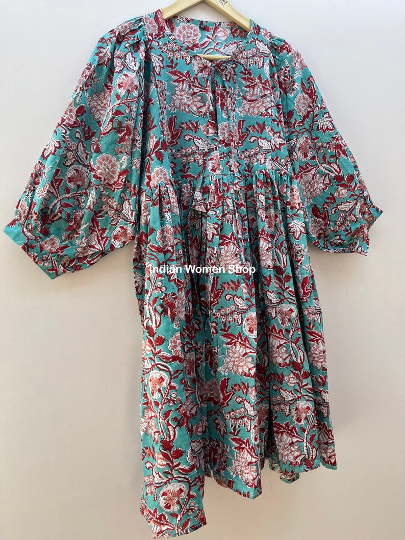 Hand Block Print Soft Cotton Summer Dress, Midi Dress, Mini Dress, sundress, Deep Neck With String Closer, Ship From India zdjęcie 9