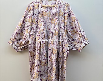 Robe d'été en coton doux à imprimé floral, Robe midi, Mini-robe, Robe bohème, Robes pour femme, Col en V profond avec cordon de serrage