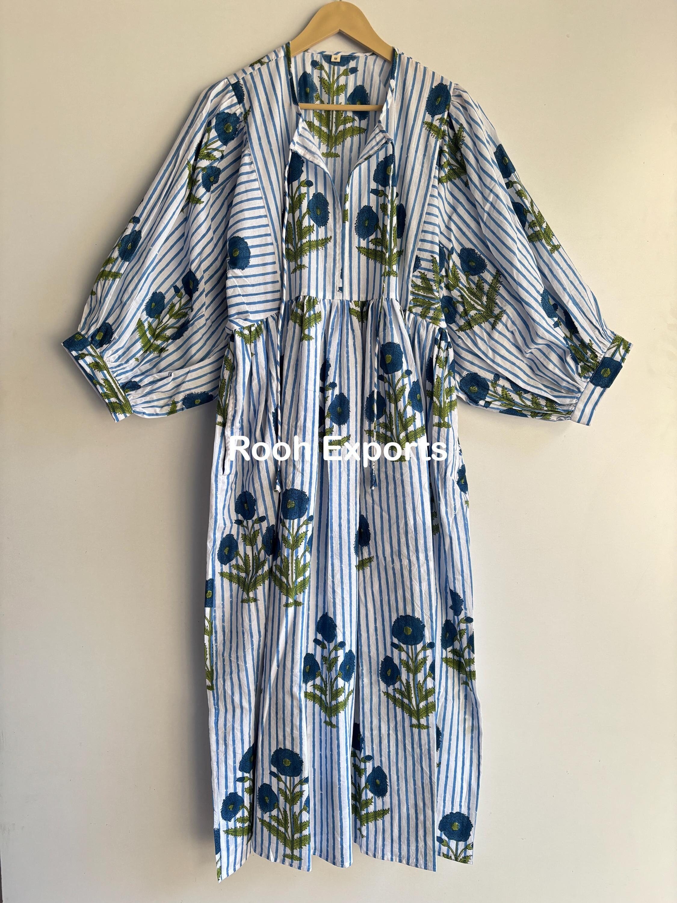 Floral Striped Block Print Kyra Midi Dress | Bohemian Cotton Dress | Dresses for Women | String Closer Dress