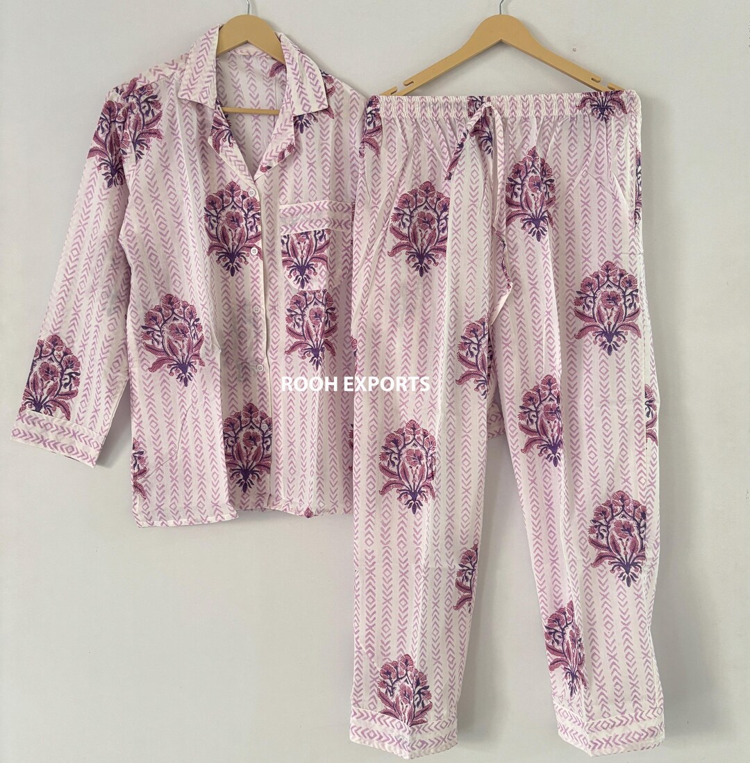 Purple Floral Block Print Cotton Pajama Set | Pj Set | Adult Night Suit ...