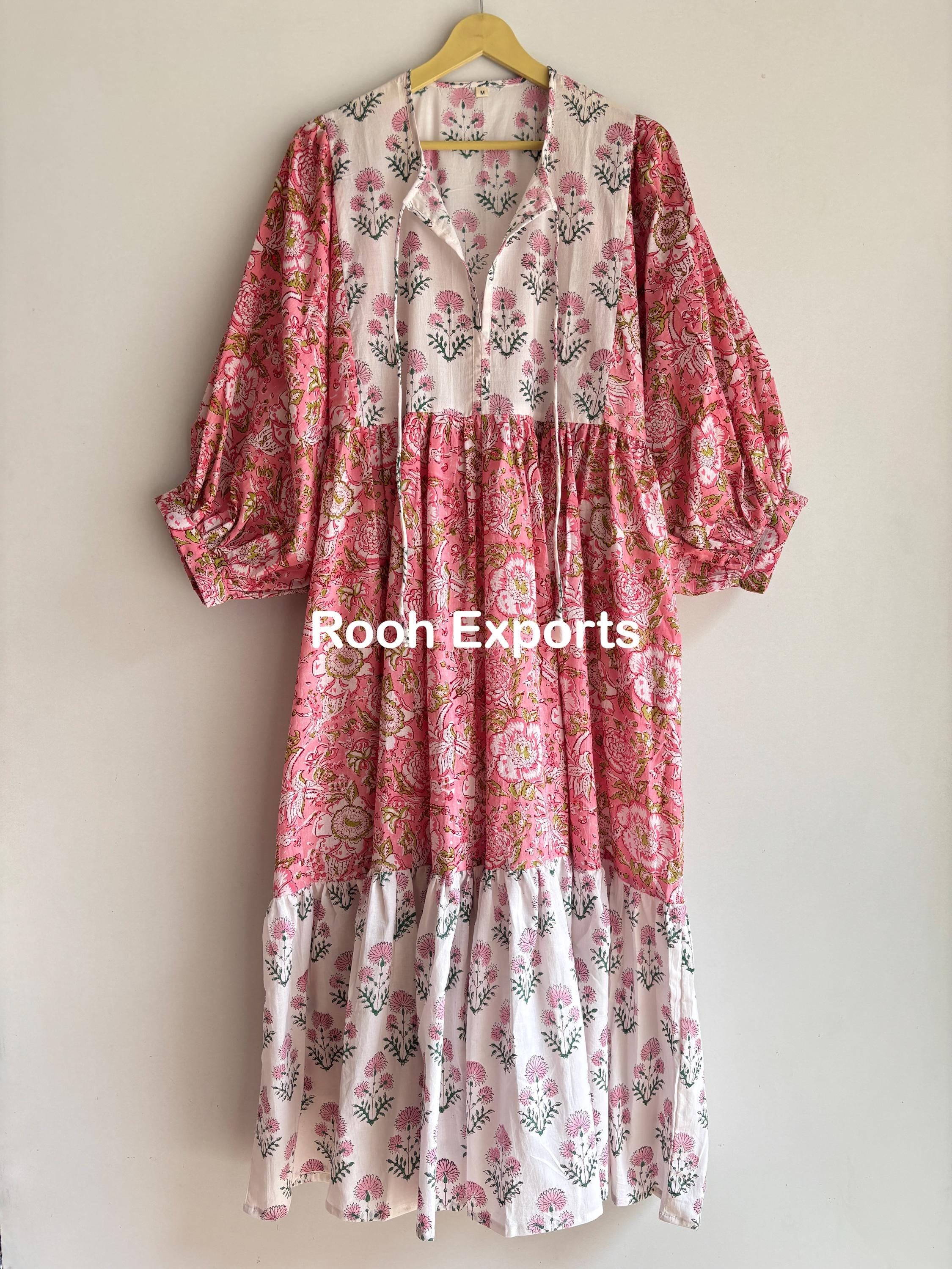 パッチワーク フローラル ハンド ブロック プリント ミディ ドレス