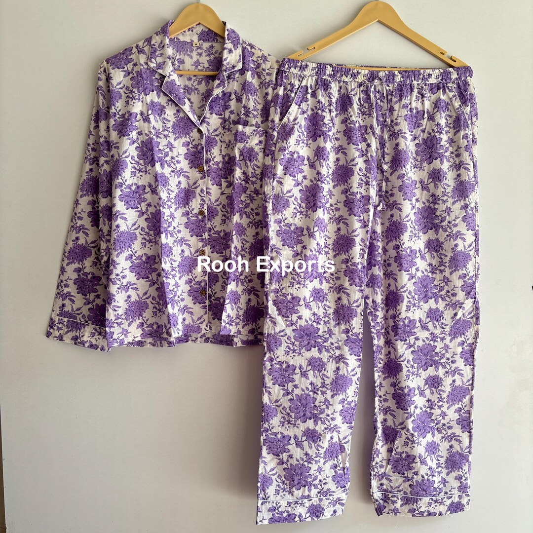 Purple Floral Block Print Cotton, Pajama Set, Pj Set, Adult Night Suit ...