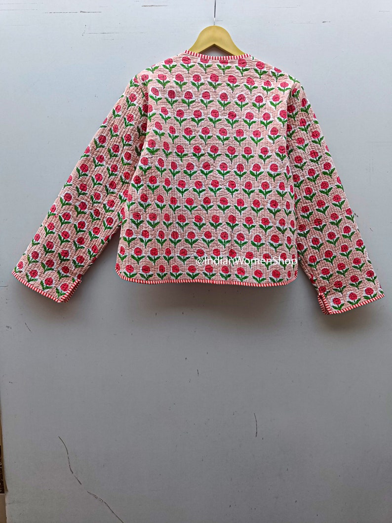 Giacca trapuntata in tessuto con stampa floreale rosa a blocchi Giacca corta Kimono Kantha Cappotto da donna Giacca corta nuovo stile immagine 6