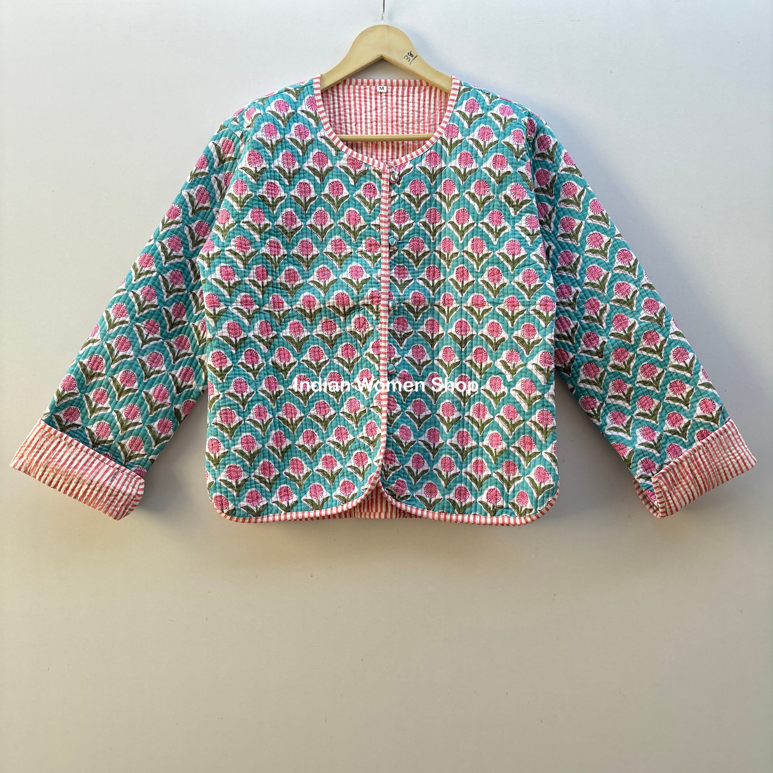 【oan】Cotton Cut Short Jacket Pink Floral Block Print Quilted Jacket Short Kimono Kantha