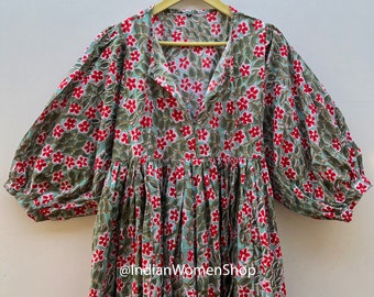 Indian Block Print Cotton Summer Dress For Women, Midi Dress, Mini Dress, Deep Neck With String Closer