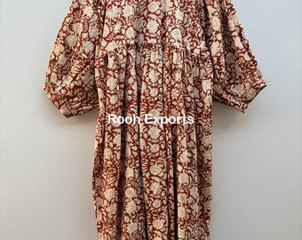 Brown Floral Block Print Kyra Midi Dress, Mini Dress, Soft Cotton Summer Dress, Spring Dress, Sundress, Deep Neck With String Closer