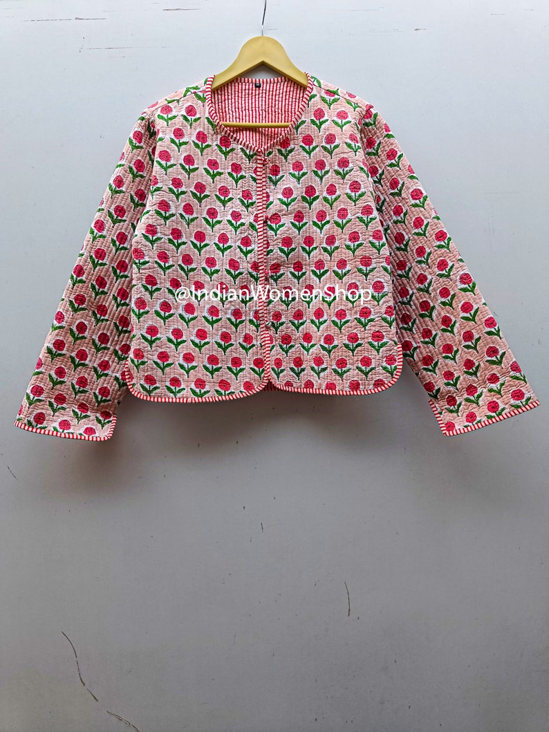 Giacca trapuntata in tessuto con stampa floreale rosa a blocchi Giacca corta Kimono Kantha Cappotto da donna Giacca corta nuovo stile immagine 3