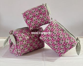 Floral Block Printed Quilted cosmetic pouch set | Cosmetic and Toiletry Storage | Bath & Beauty | Kits Travel Cases | Waterproof Bag