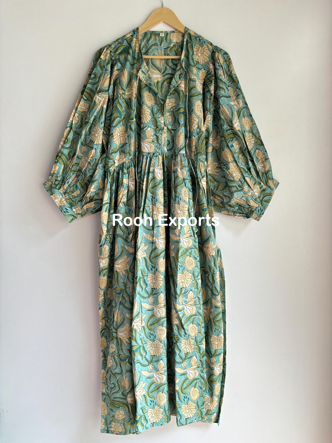 Pink Green Floral Block Print Cotton Smocked Dress – Handcrafted Boho Midi Sundress – Free Shipping